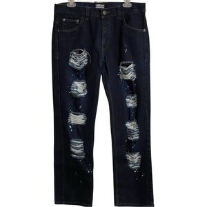NOBEL MENS DARK BLUE DISTRESSED JEANS SZ 34